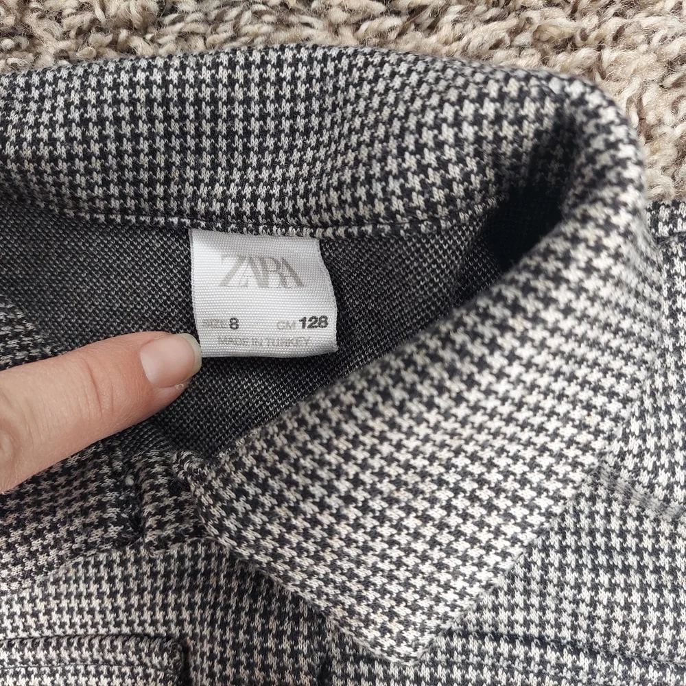 Zara Girls Size 8 Short Sleeve Utility Jumpsuit Houndstooth Gray Wide Leg